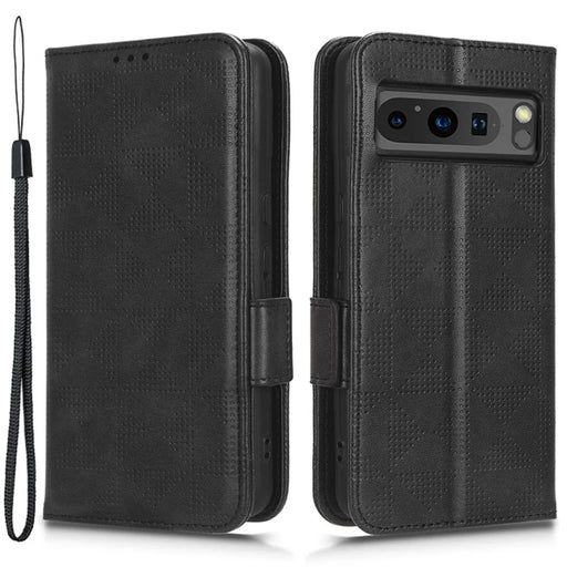 For Google Pixel 8 Pro Anti-Scratch Wallet Phone Case PU Leather Imprinted Triangle Stand Cover - Black - 1