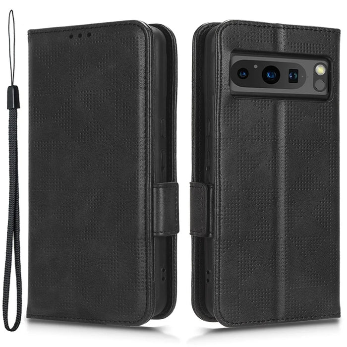 For Google Pixel 8 Pro Anti-Scratch Wallet Phone Case PU Leather Imprinted Triangle Stand Cover - Black - 1