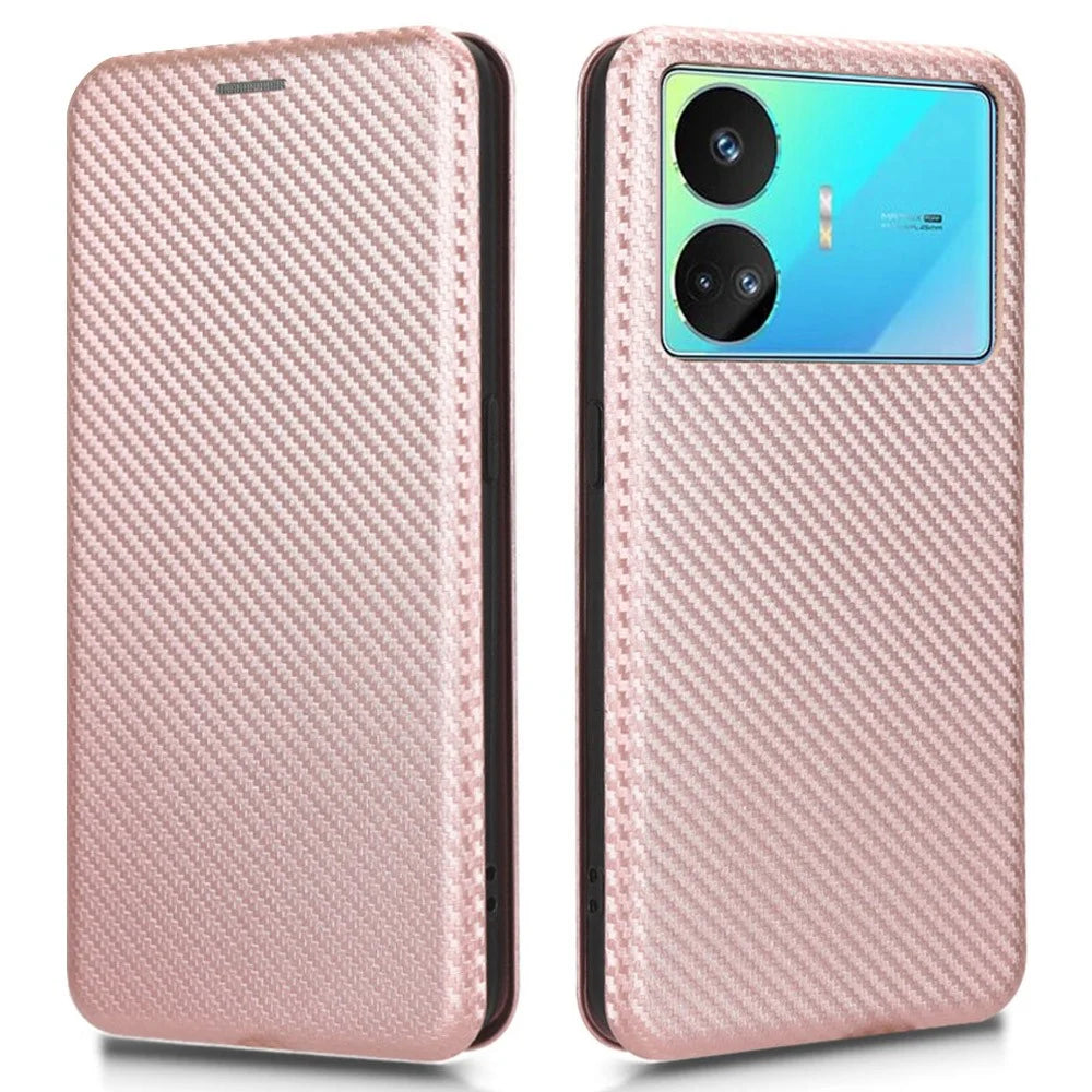 For Realme GT Neo5 SE 5G PU Leather Phone Case Carbon Fiber Texture Stand Cover with Card Slot - Rose Gold - 1