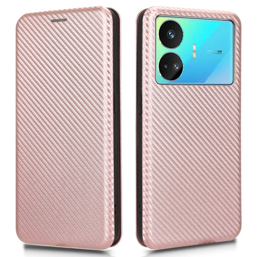 For Realme GT Neo5 SE 5G PU Leather Phone Case Carbon Fiber Texture Stand Cover with Card Slot - Rose Gold - 1