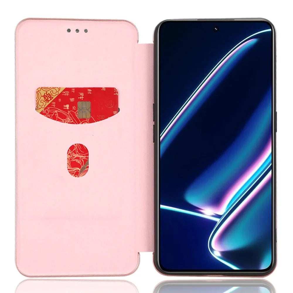 For Realme GT Neo5 SE 5G PU Leather Phone Case Carbon Fiber Texture Stand Cover with Card Slot - Rose Gold - 2