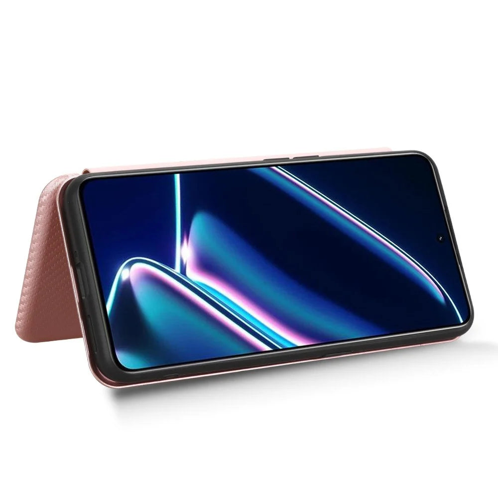 For Realme GT Neo5 SE 5G PU Leather Phone Case Carbon Fiber Texture Stand Cover with Card Slot - Rose Gold - 3
