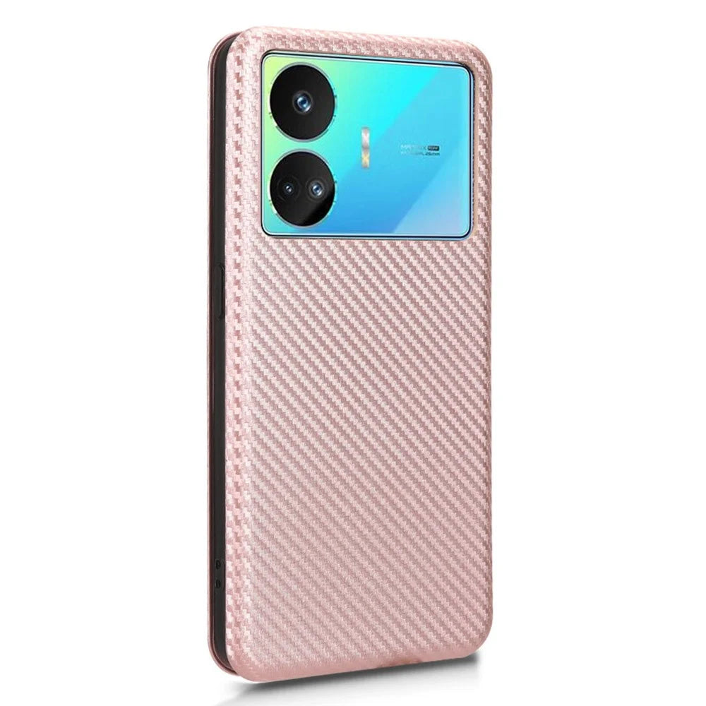 For Realme GT Neo5 SE 5G PU Leather Phone Case Carbon Fiber Texture Stand Cover with Card Slot - Rose Gold - 7