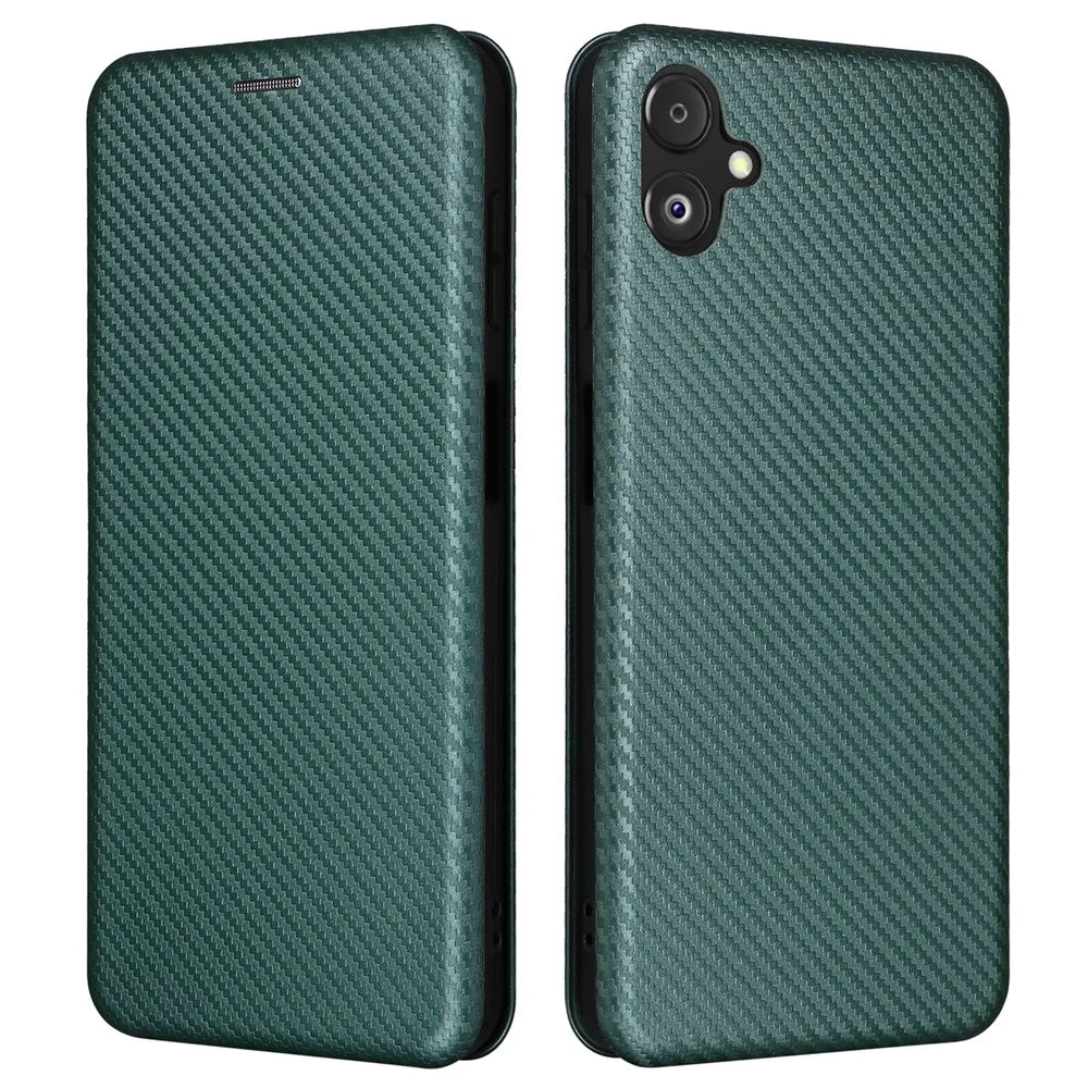 Phone Case for Samsung Galaxy F14 5G PU Leather Carbon Fiber Texture Stand Cover with Card Slot - Green - 1