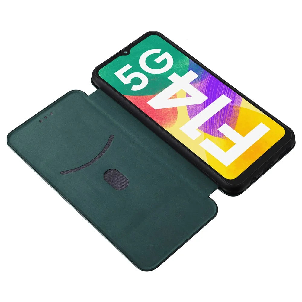 Phone Case for Samsung Galaxy F14 5G PU Leather Carbon Fiber Texture Stand Cover with Card Slot - Green - 2