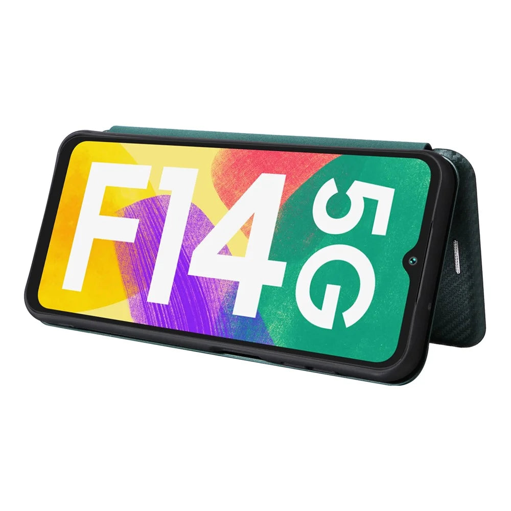Phone Case for Samsung Galaxy F14 5G PU Leather Carbon Fiber Texture Stand Cover with Card Slot - Green - 3