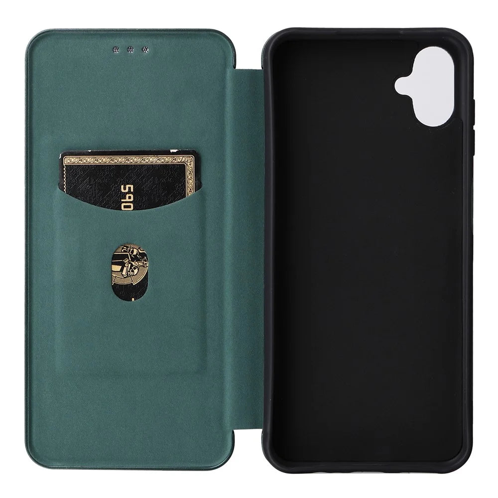 Phone Case for Samsung Galaxy F14 5G PU Leather Carbon Fiber Texture Stand Cover with Card Slot - Green - 5