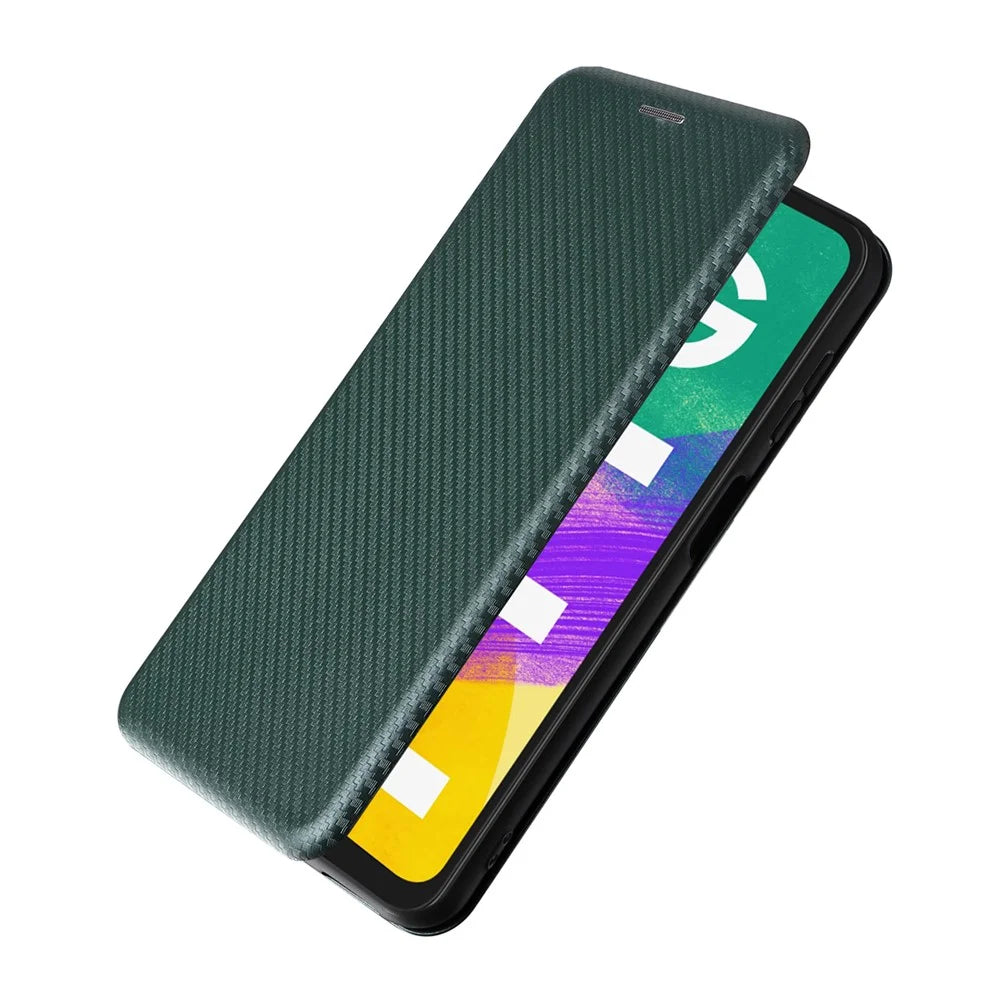 Phone Case for Samsung Galaxy F14 5G PU Leather Carbon Fiber Texture Stand Cover with Card Slot - Green - 7