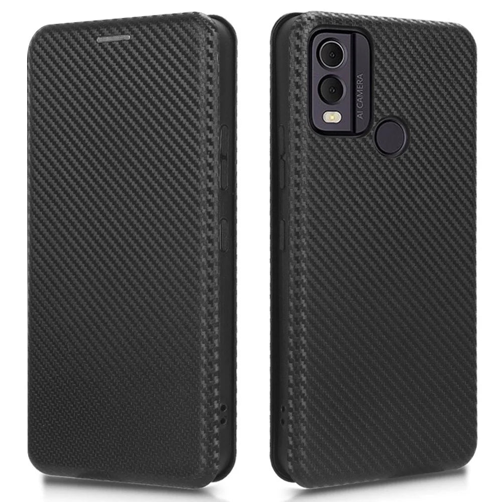 For Nokia C22 Anti-drop PU Leather Phone Case Carbon Fiber Texture Stand Cover with Card Slot - Black - 1