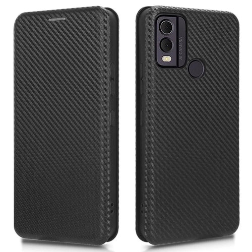 For Nokia C22 Anti-drop PU Leather Phone Case Carbon Fiber Texture Stand Cover with Card Slot - Black - 1