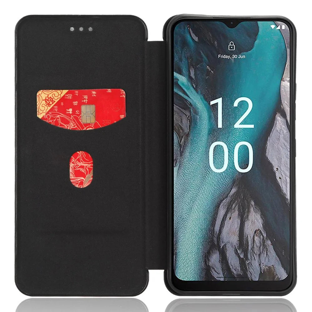 For Nokia C22 Anti-drop PU Leather Phone Case Carbon Fiber Texture Stand Cover with Card Slot - Black - 2