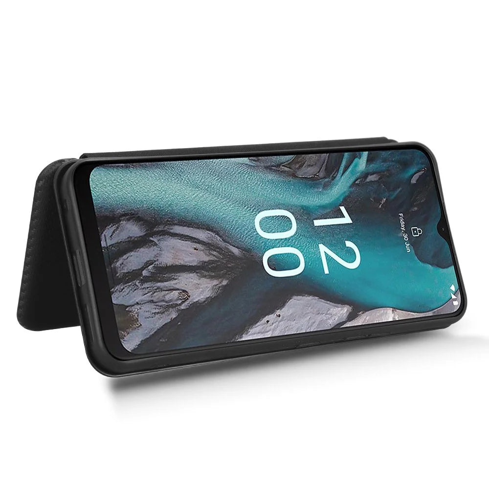 For Nokia C22 Anti-drop PU Leather Phone Case Carbon Fiber Texture Stand Cover with Card Slot - Black - 3