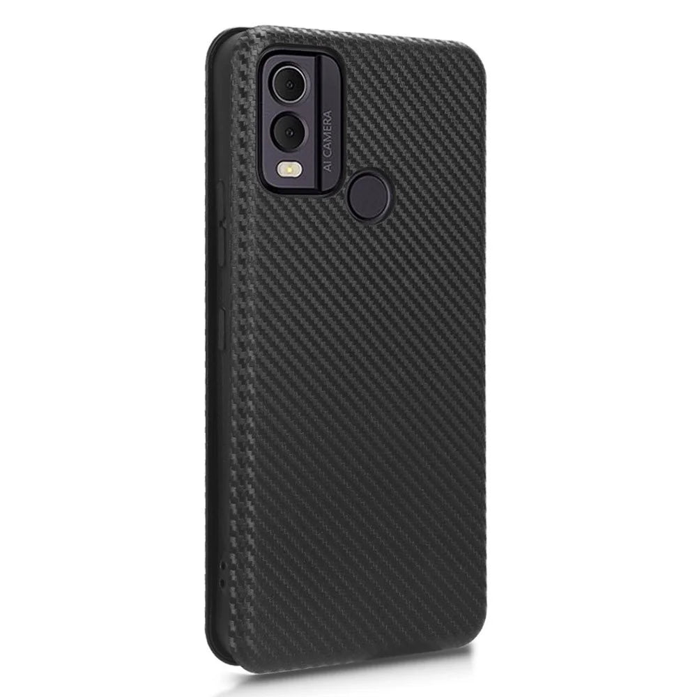 For Nokia C22 Anti-drop PU Leather Phone Case Carbon Fiber Texture Stand Cover with Card Slot - Black - 7