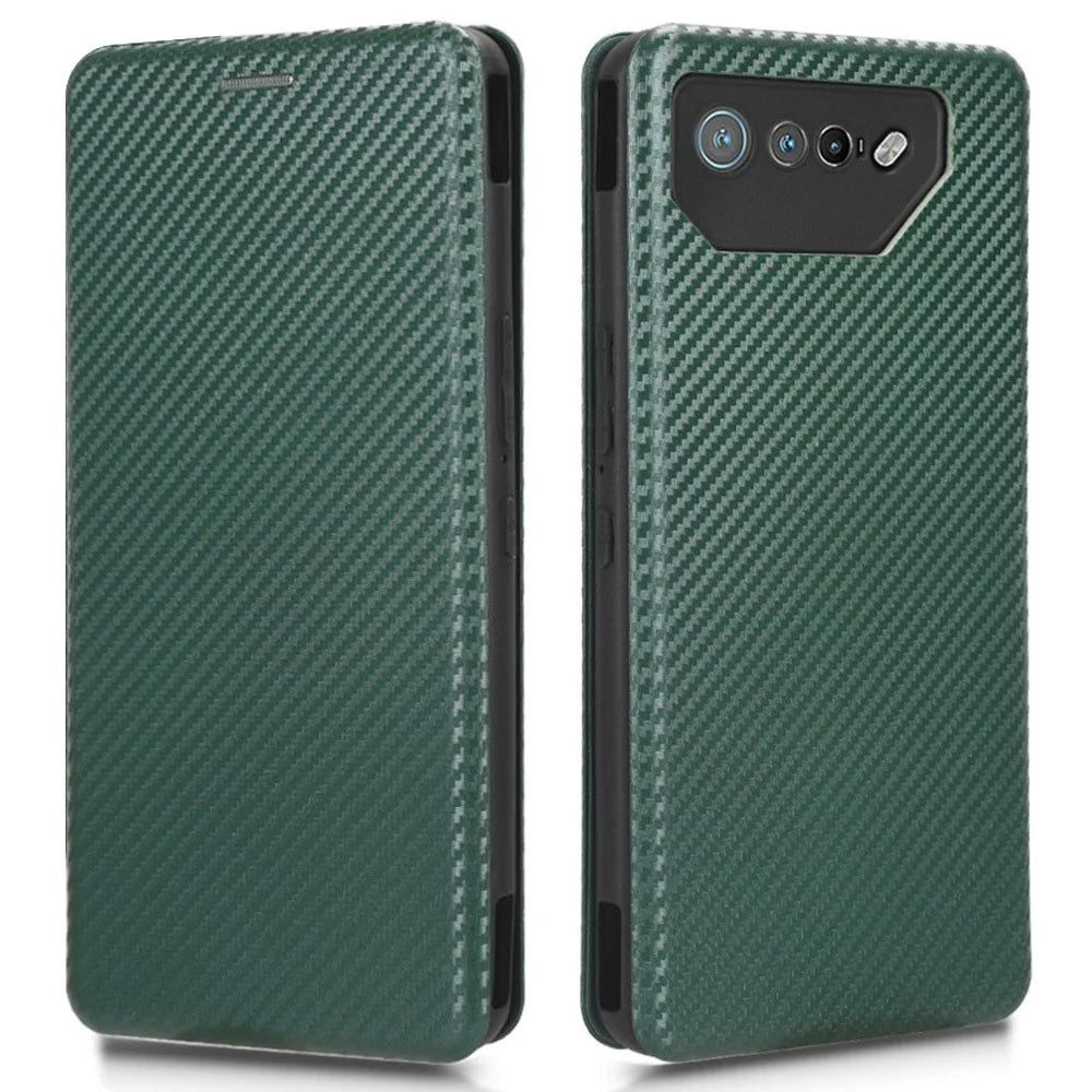 Stand Cover for Asus ROG Phone 7 5G / 7 Ultimate 5G Carbon Fiber Texture Card Slot PU Leather Phone Case - Green - 1