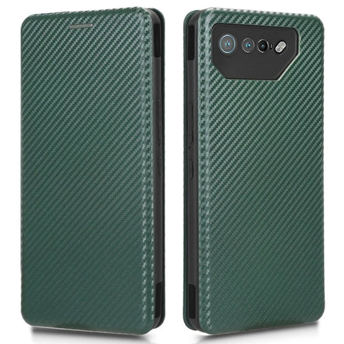 Stand Cover for Asus ROG Phone 7 5G / 7 Ultimate 5G Carbon Fiber Texture Card Slot PU Leather Phone Case - Green - 1