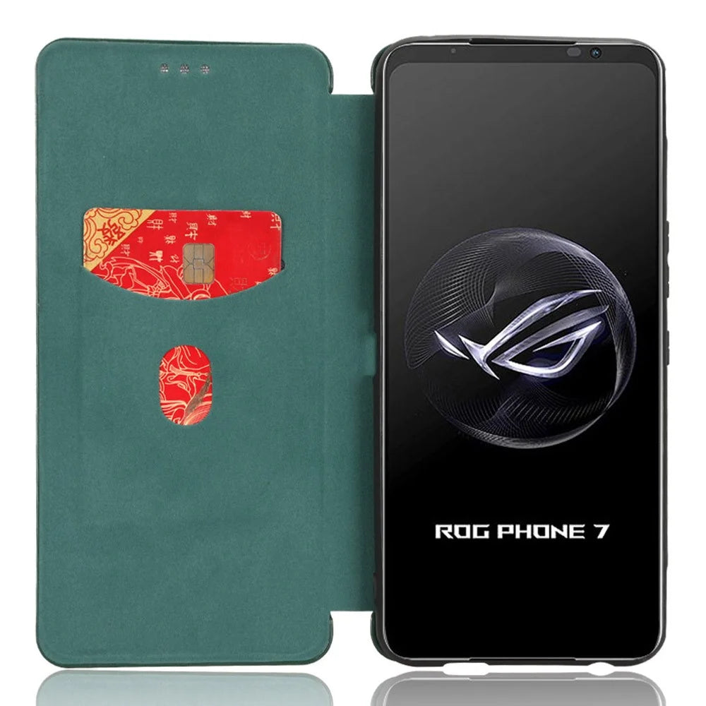 Stand Cover for Asus ROG Phone 7 5G / 7 Ultimate 5G Carbon Fiber Texture Card Slot PU Leather Phone Case - Green - 2