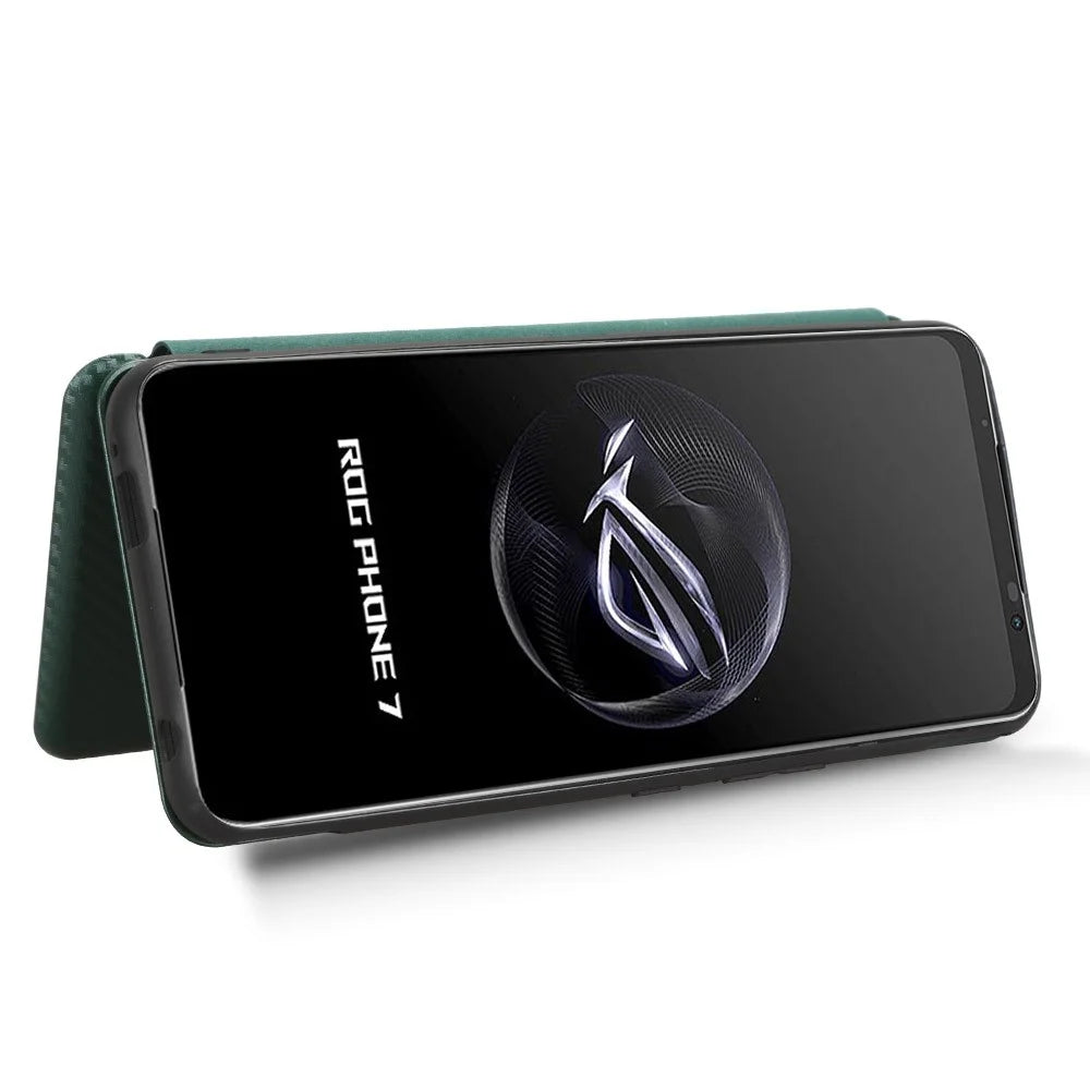 Stand Cover for Asus ROG Phone 7 5G / 7 Ultimate 5G Carbon Fiber Texture Card Slot PU Leather Phone Case - Green - 3