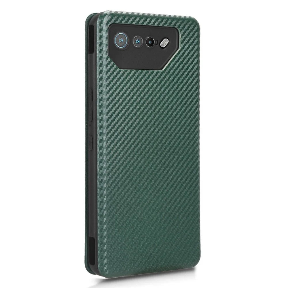 Stand Cover for Asus ROG Phone 7 5G / 7 Ultimate 5G Carbon Fiber Texture Card Slot PU Leather Phone Case - Green - 7