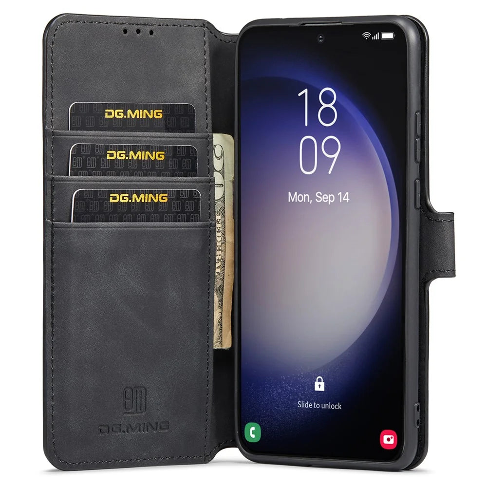 DG.MING For Samsung Galaxy S23 Retro PU Leather Stand Cover Shockproof Wallet Phone Case - Black - 2