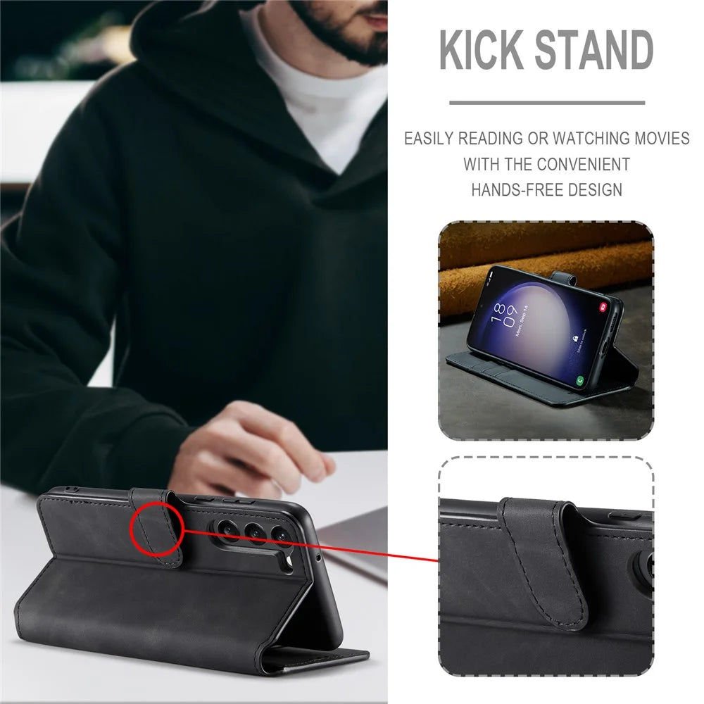 DG.MING For Samsung Galaxy S23 Retro PU Leather Stand Cover Shockproof Wallet Phone Case - Black - 5