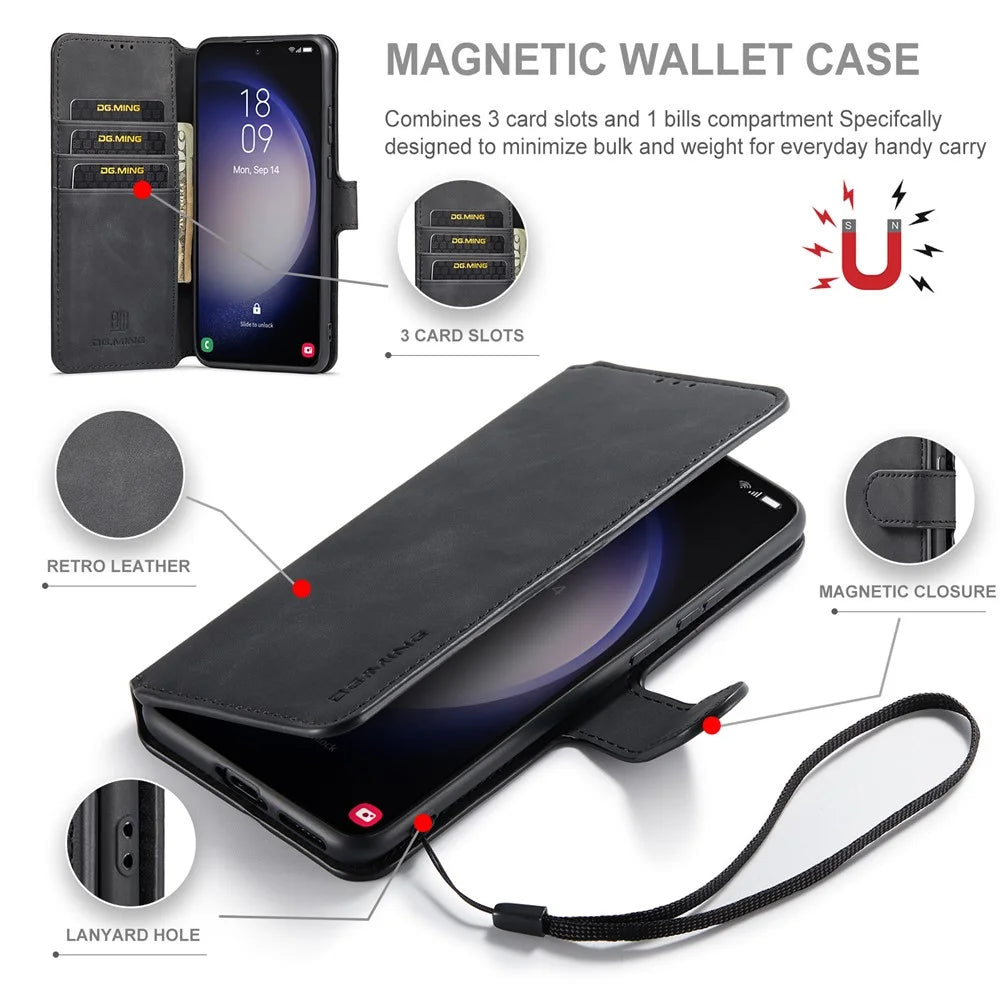 DG.MING For Samsung Galaxy S23 Retro PU Leather Stand Cover Shockproof Wallet Phone Case - Black - 6