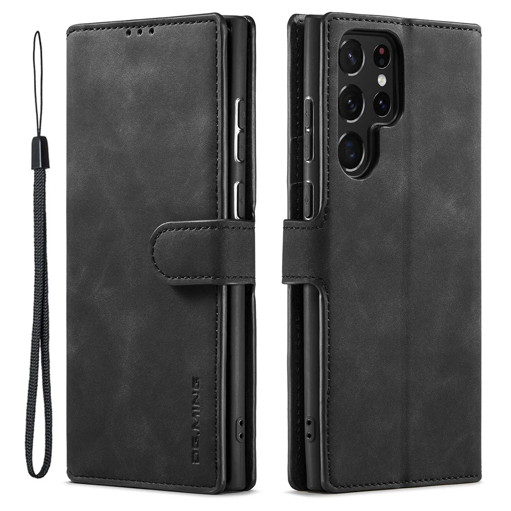 DG.MING For Samsung Galaxy S23 Ultra Retro PU Leather Anti-drop Cover Flip Stand Wallet Phone Case - Black - 1