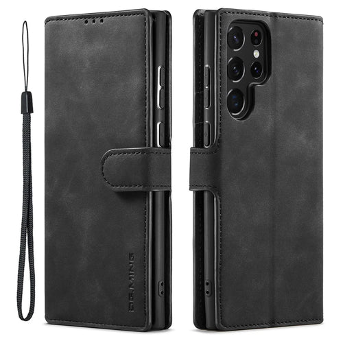 DG.MING For Samsung Galaxy S23 Ultra Retro PU Leather Anti-drop Cover Flip Stand Wallet Phone Case - Black - 1