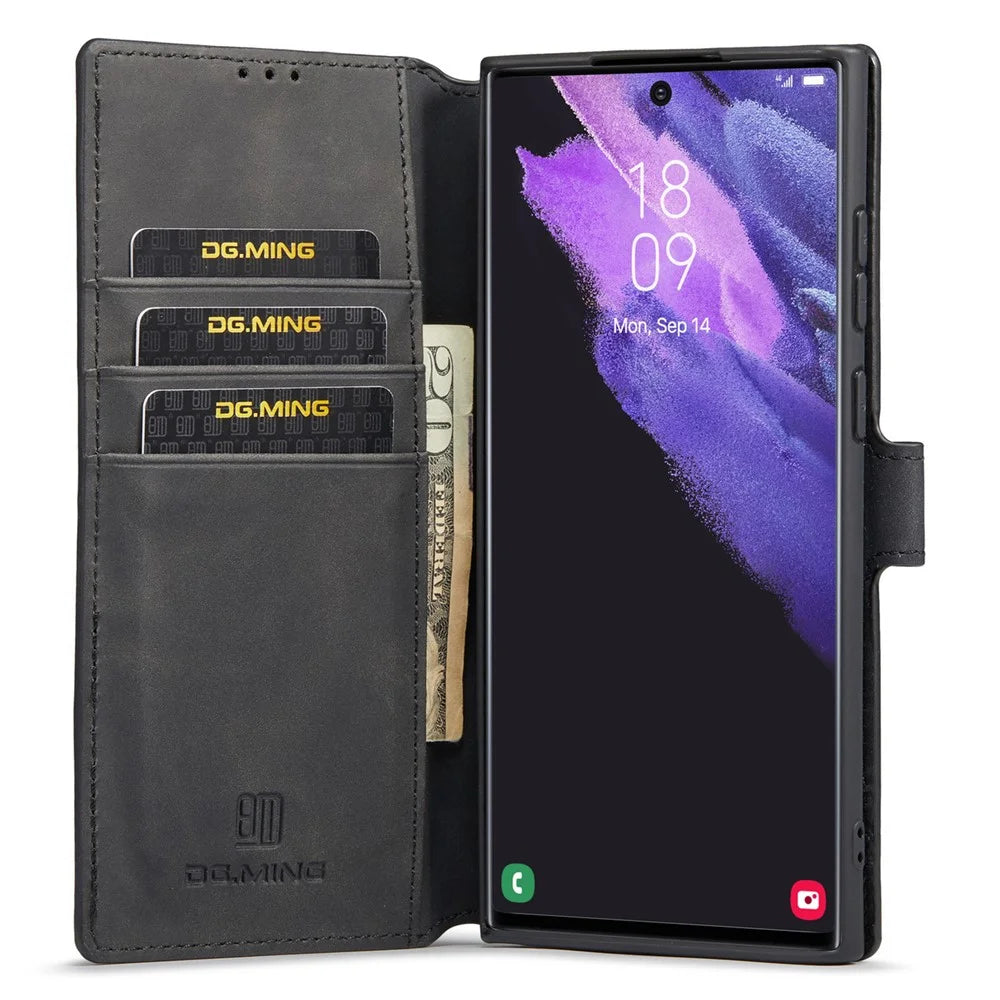 DG.MING For Samsung Galaxy S23 Ultra Retro PU Leather Anti-drop Cover Flip Stand Wallet Phone Case - Black - 2