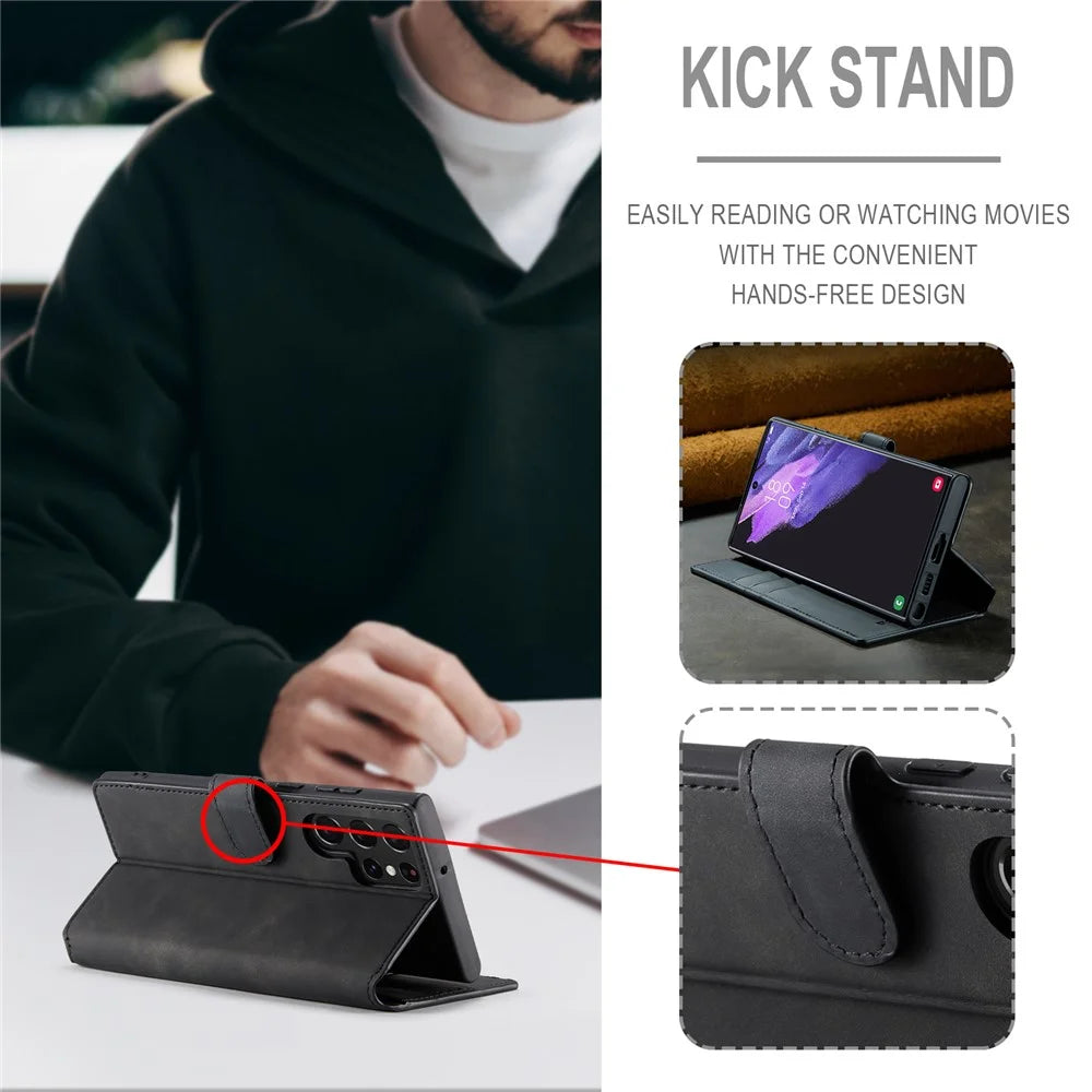 DG.MING For Samsung Galaxy S23 Ultra Retro PU Leather Anti-drop Cover Flip Stand Wallet Phone Case - Black - 5