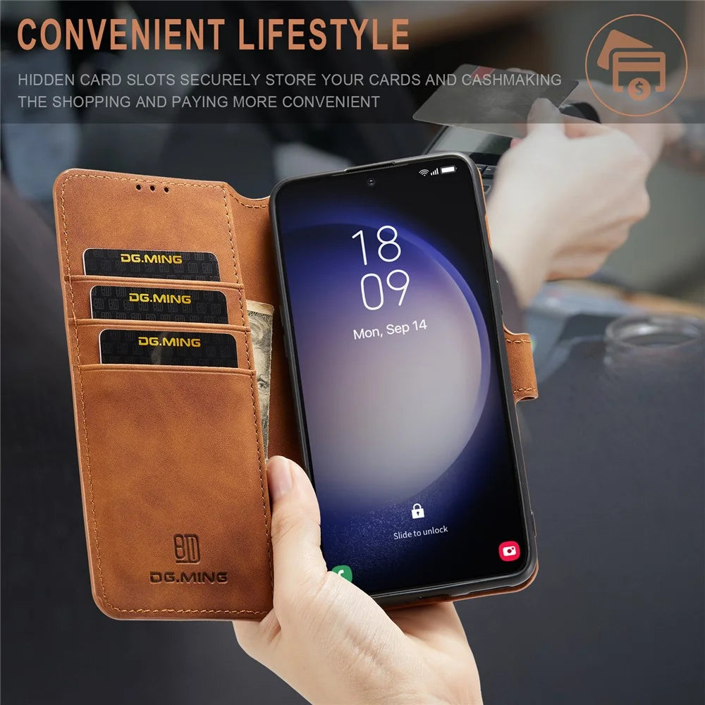DG.MING For Samsung Galaxy S23+ Retro PU Leather Wallet Cover Full Protection Phone Case with Stand - Brown - 4
