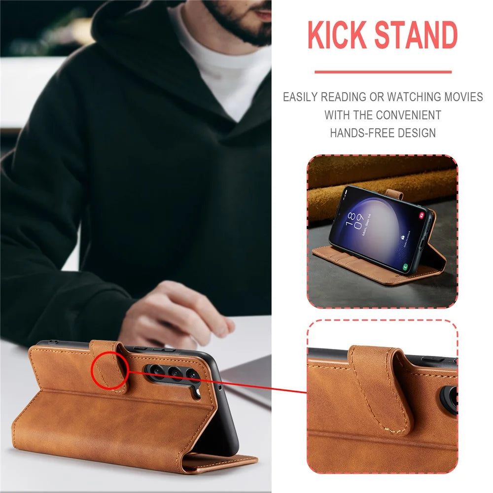DG.MING For Samsung Galaxy S23+ Retro PU Leather Wallet Cover Full Protection Phone Case with Stand - Brown - 5