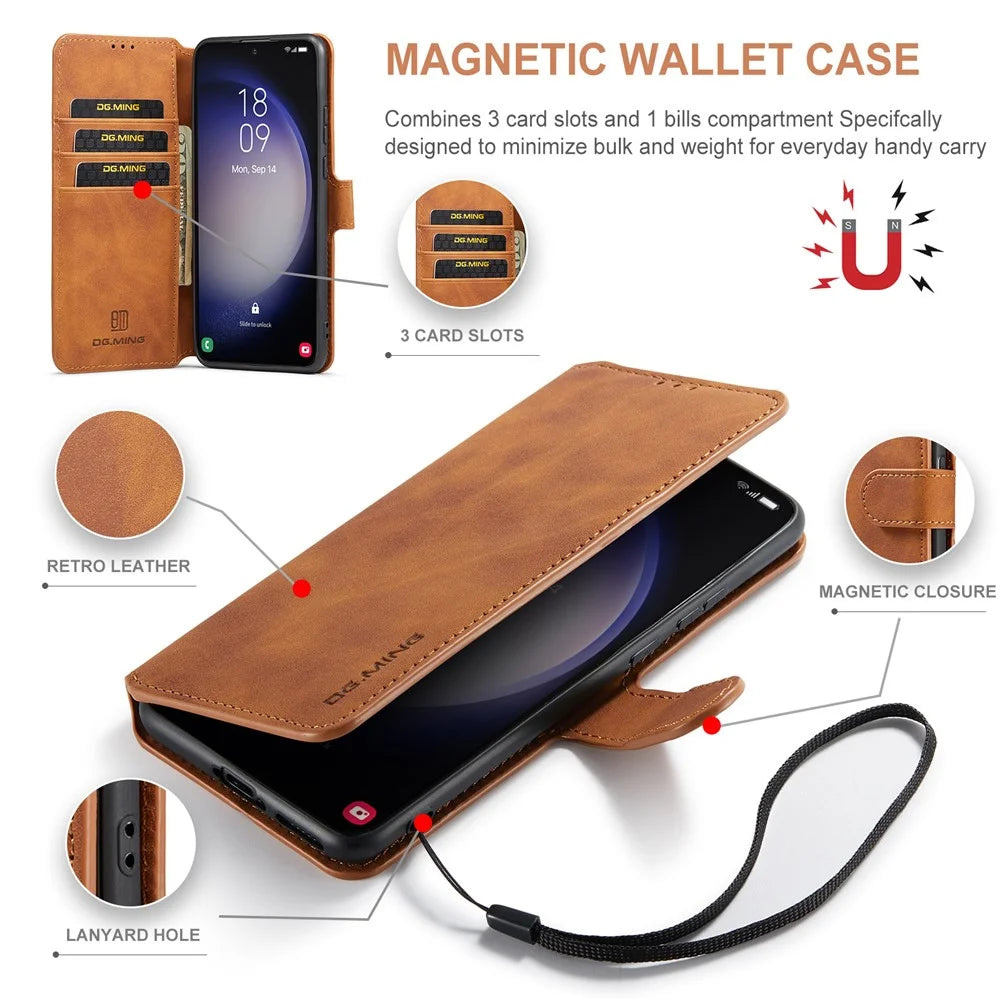 DG.MING For Samsung Galaxy S23+ Retro PU Leather Wallet Cover Full Protection Phone Case with Stand - Brown - 6