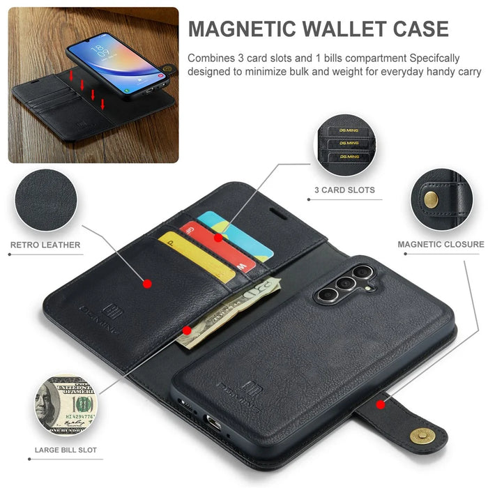 DG.MING For Samsung Galaxy A34 5G Detachable Magnetic Case Split Leather Phone Wallet Stand Drop-proof Cover - Black - 6