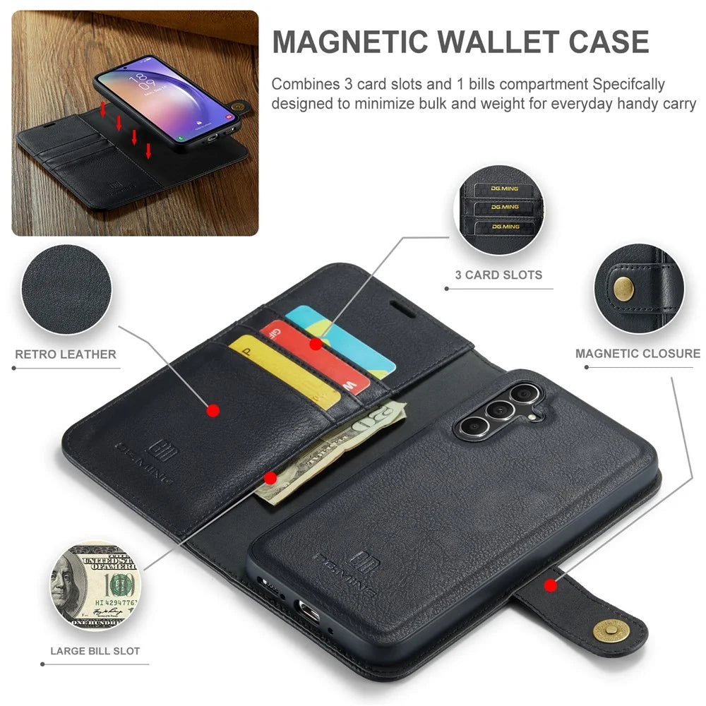 DG.MING For Samsung Galaxy A54 5G Split Leather Stand Wallet Phone Case Magnetic Detachable Protective Cover - Black - 6