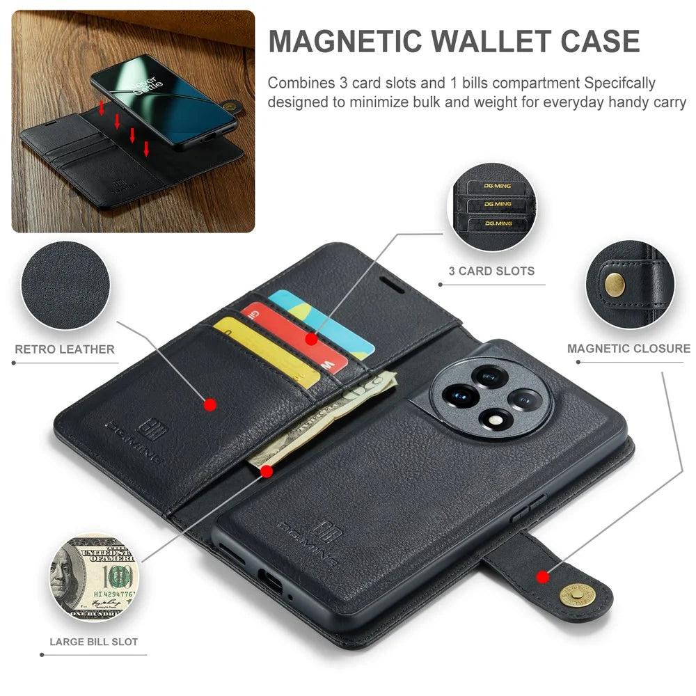 DG.MING For OnePlus 11 5G Detachable Magnetic Anti-drop Case Split Leather Wallet Stand Phone Cover - Black - 6