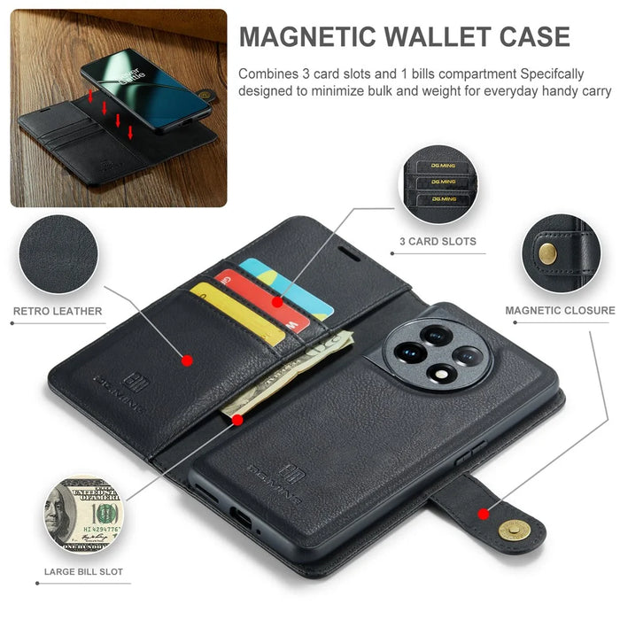 DG.MING For OnePlus 11 5G Detachable Magnetic Anti-drop Case Split Leather Wallet Stand Phone Cover - Black - 6