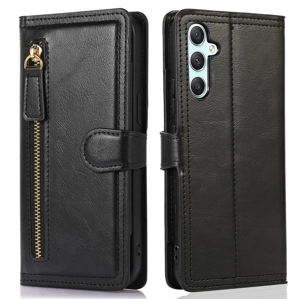 For Samsung Galaxy A34 5G PU Leather Wallet Case Zipper Pocket Stand Flip Phone Cover - Black - 1