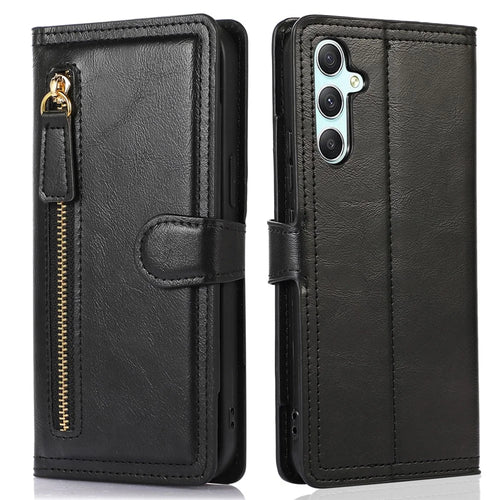 For Samsung Galaxy A34 5G PU Leather Wallet Case Zipper Pocket Stand Flip Phone Cover - Black - 1