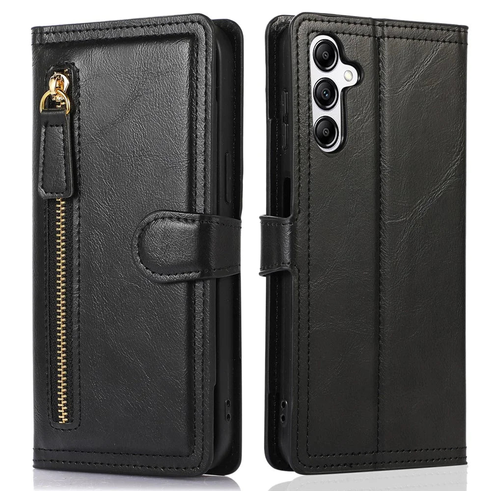 For Samsung Galaxy A14 5G / A14 4G PU Leather Magnetic Clasp Phone Cover Zipper Pocket Wallet Stand Case - Black - 1