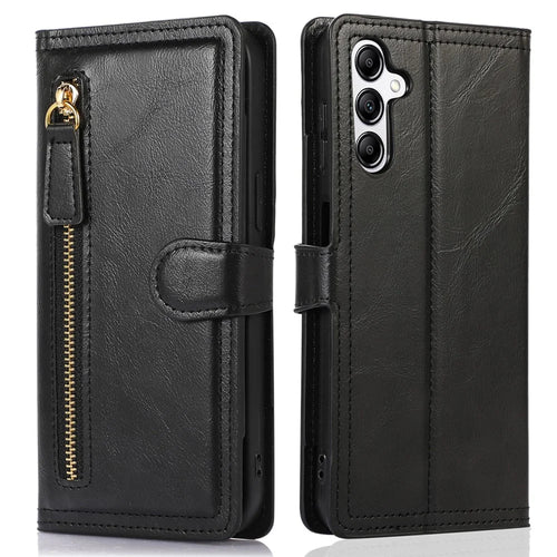 For Samsung Galaxy A14 5G / A14 4G PU Leather Magnetic Clasp Phone Cover Zipper Pocket Wallet Stand Case - Black - 1