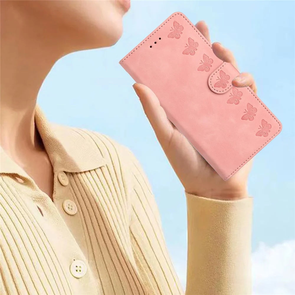 For Samsung Galaxy S22+ 5G Stand Wallet Folio Flip Case Butterfly Imprinted Splash Proof Leather Cover - Pink - 7