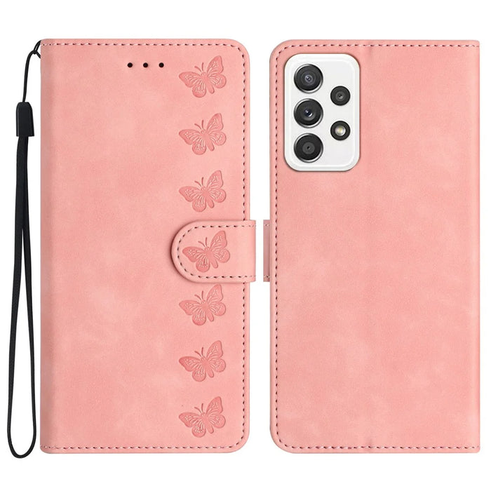 For Samsung Galaxy A52 5G / A52 4G / A52s 5G Drop-proof Butterfly Imprinted Shell Leather Wallet Stand Phone Case - Pink - 1