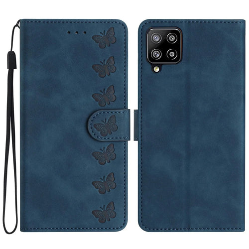 For Samsung Galaxy M32 (Global Version) 4G Butterfly Imprinted Phone Case Leather Wallet Flip Stand Cover - Blue - 1