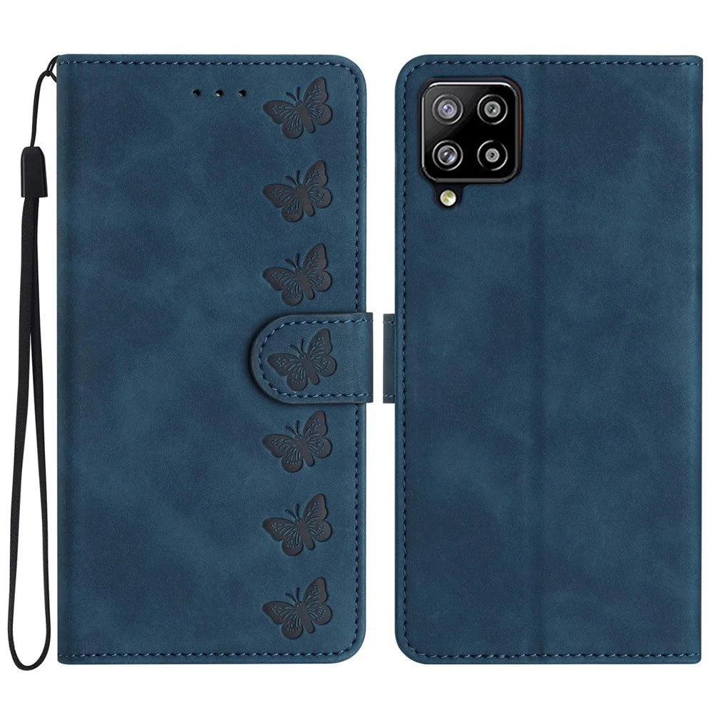 For Samsung Galaxy M32 (Global Version) 4G Butterfly Imprinted Phone Case Leather Wallet Flip Stand Cover - Blue - 1