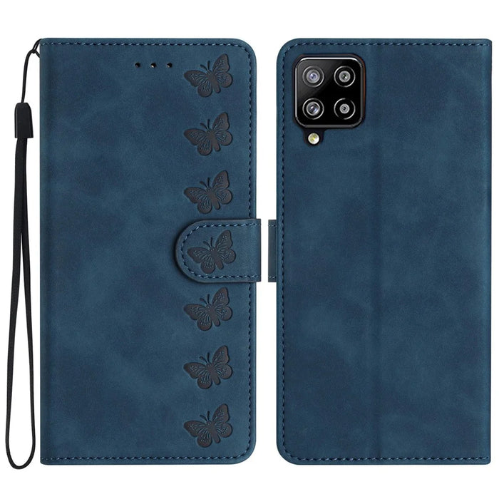 For Samsung Galaxy M32 (Global Version) 4G Butterfly Imprinted Phone Case Leather Wallet Flip Stand Cover - Blue - 1