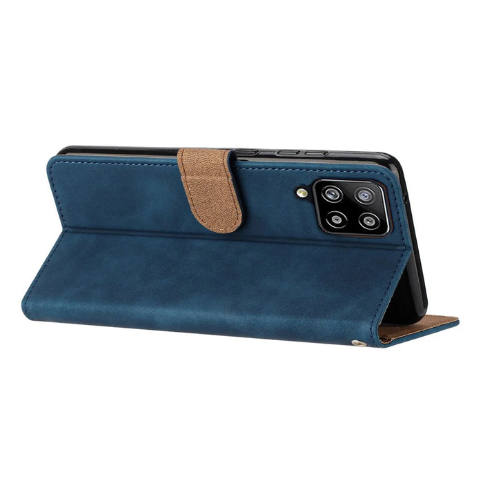 For Samsung Galaxy M32 (Global Version) 4G Butterfly Imprinted Phone Case Leather Wallet Flip Stand Cover - Blue - 4