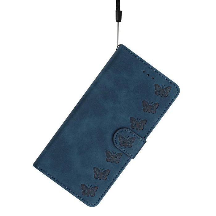 For Samsung Galaxy M32 (Global Version) 4G Butterfly Imprinted Phone Case Leather Wallet Flip Stand Cover - Blue - 5