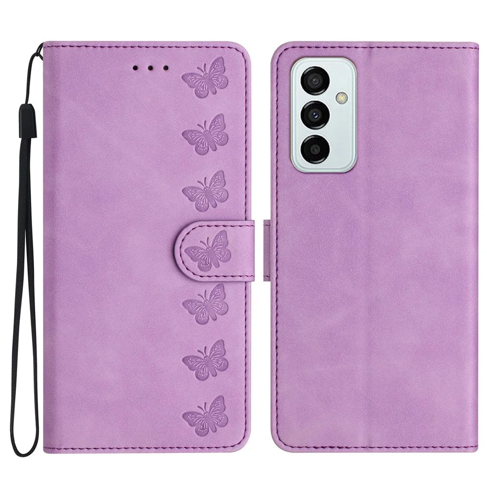 Stand Case for Samsung Galaxy M23 5G / F23 5G Butterfly Imprinted Anti-fingerprint Wallet Leather Cover - Purple - 1