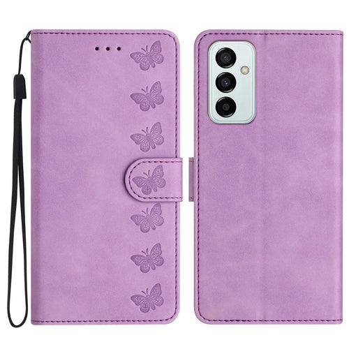 Stand Case for Samsung Galaxy M23 5G / F23 5G Butterfly Imprinted Anti-fingerprint Wallet Leather Cover - Purple - 1