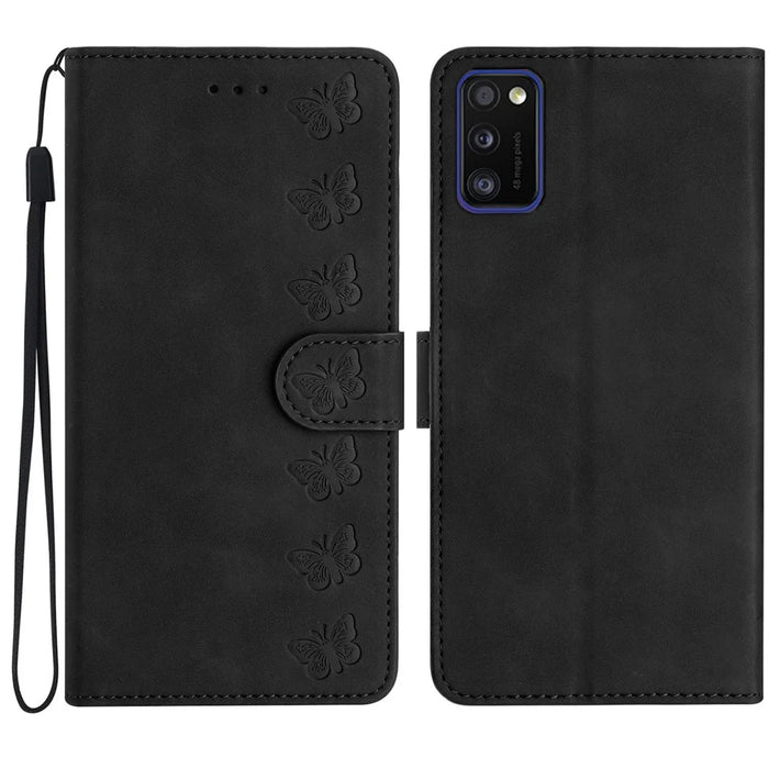 Leather Case for Samsung Galaxy A41 (Global Version) Butterfly Imprinted Phone Cover with Stand Wallet - Black - 1